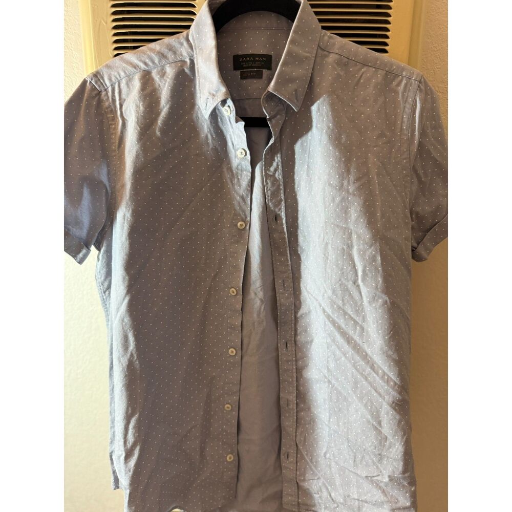ZARA MAN Light Blue Short Sleeve Button-Up – Size Small – Slim Fit Polka Dot